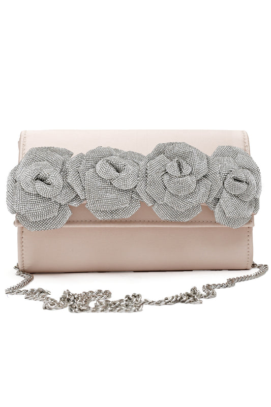 Floral Satin Evening Clutch-Beige/Silv