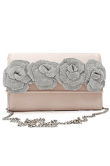 Floral Satin Evening Clutch-Beige/Silv