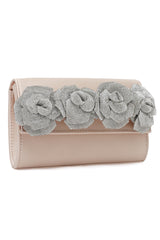 Floral Satin Evening Clutch-Beige/Silv