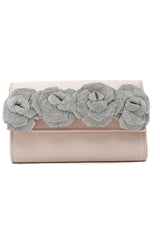 Floral Satin Evening Clutch-Beige/Silv