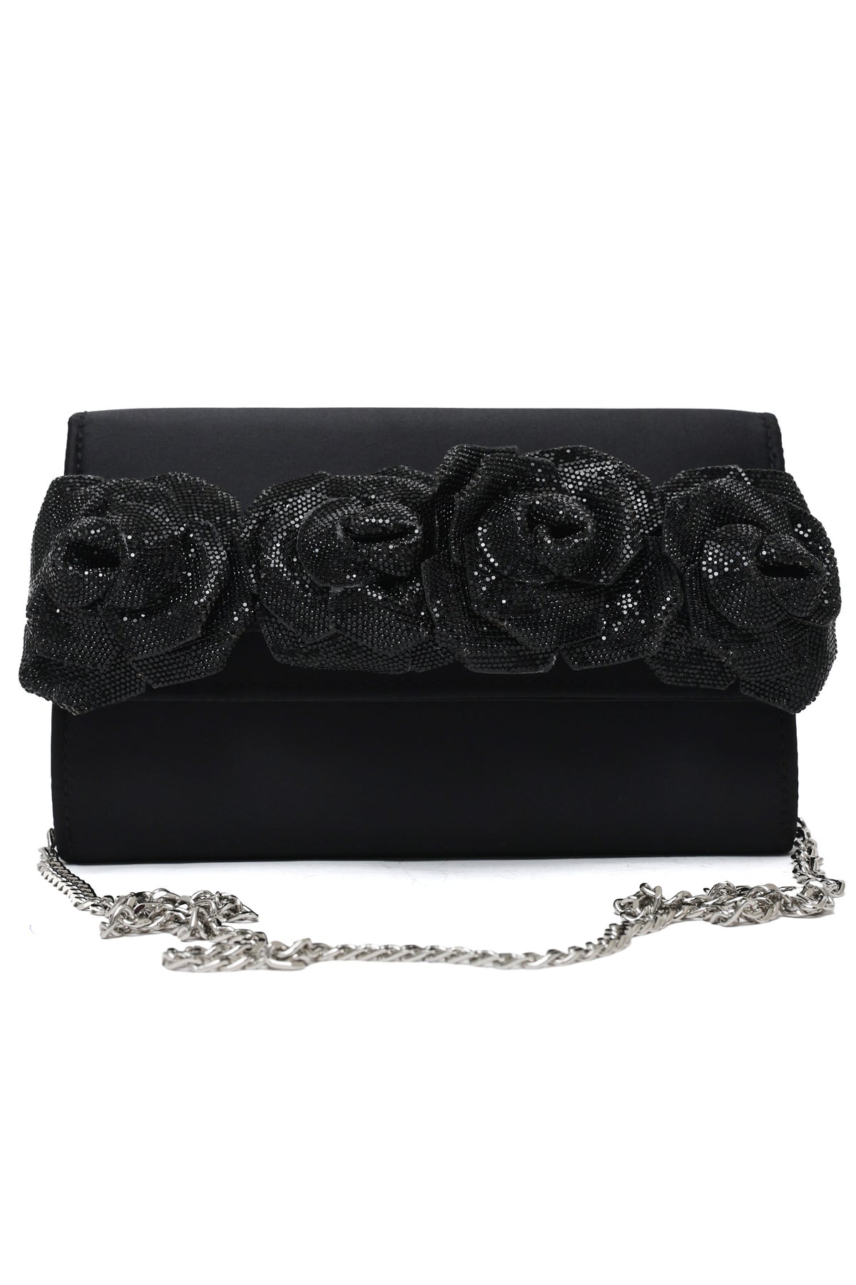 Floral Satin Evening Clutch-Black