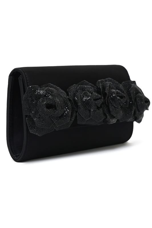 Floral Satin Evening Clutch-Black