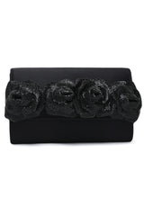 Floral Satin Evening Clutch-Black