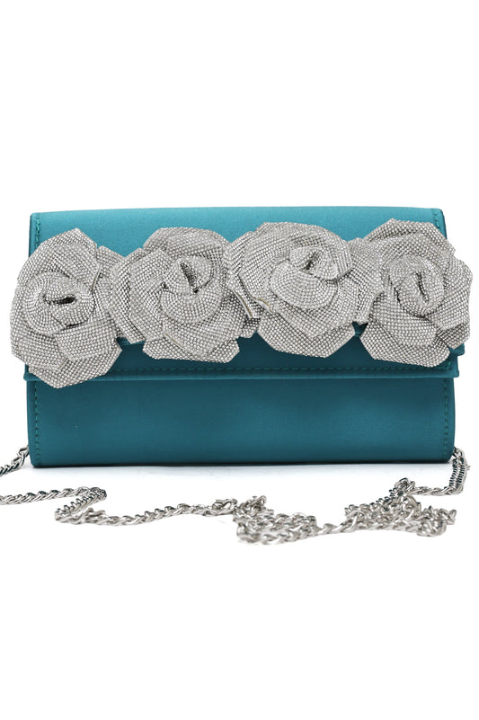 Floral Satin Evening Clutch-Green/Silv