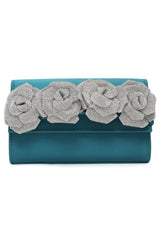 Floral Satin Evening Clutch-Green/Silv