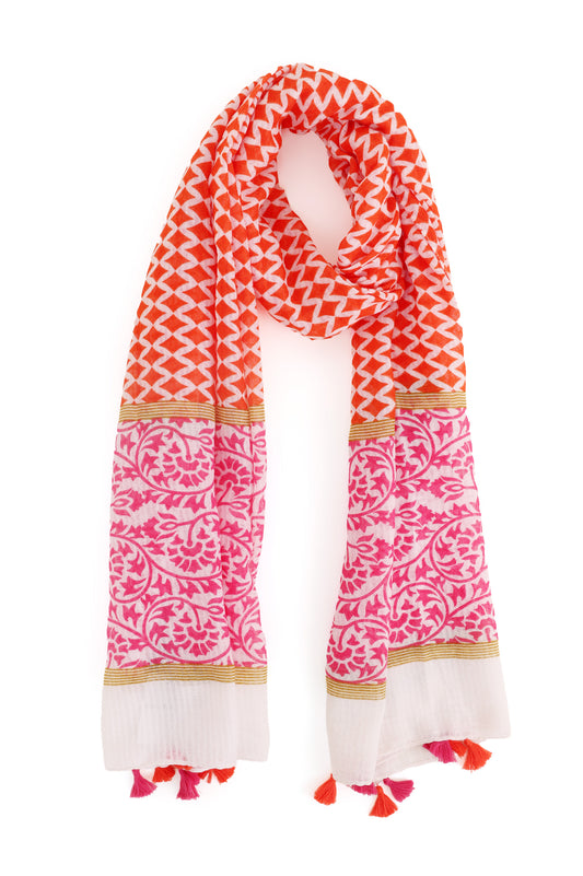 Patterned Cotton Tassel Scarf-Orange