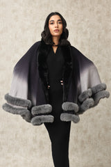 PLUSH CAPE WITH TIERED FUR TRIM DETAILING-BLACK