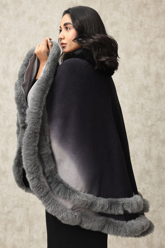 PLUSH CAPE WITH TIERED FUR TRIM DETAILING-BLACK