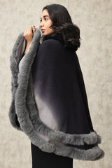 PLUSH CAPE WITH TIERED FUR TRIM DETAILING-BLACK