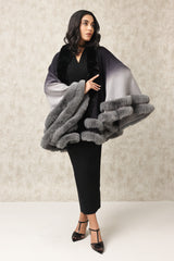 PLUSH CAPE WITH TIERED FUR TRIM DETAILING-BLACK