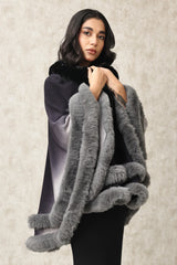 PLUSH CAPE WITH TIERED FUR TRIM DETAILING-BLACK