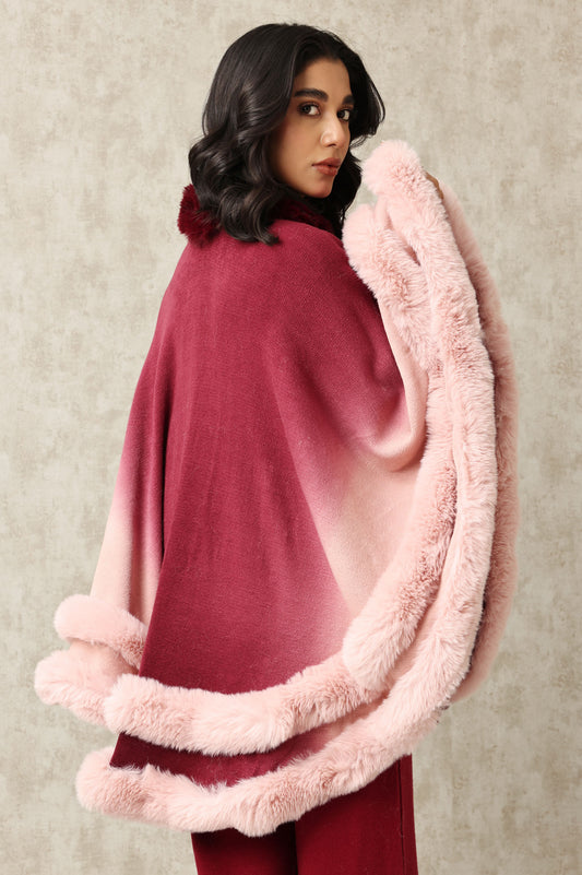 PLUSH CAPE WITH TIERED FUR TRIM DETAILING-MAROON