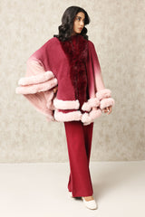 PLUSH CAPE WITH TIERED FUR TRIM DETAILING-MAROON