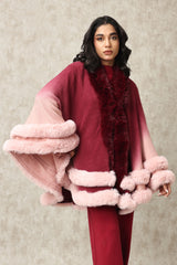 PLUSH CAPE WITH TIERED FUR TRIM DETAILING-MAROON