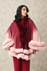 PLUSH CAPE WITH TIERED FUR TRIM DETAILING-MAROON