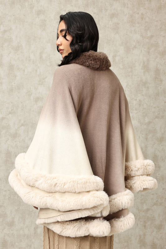 PLUSH CAPE WITH TIERED FUR TRIM DETAILING-BROWN