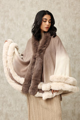 PLUSH CAPE WITH TIERED FUR TRIM DETAILING-BROWN