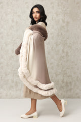 PLUSH CAPE WITH TIERED FUR TRIM DETAILING-BROWN