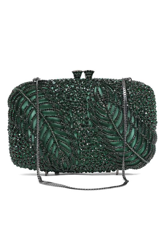 EMBELLISHED RECTANGULAR CLUTCH WITH LEAF MOTIF-GREEN