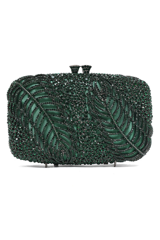 EMBELLISHED RECTANGULAR CLUTCH WITH LEAF MOTIF-GREEN