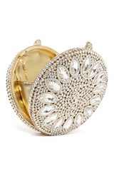 ROUND CRYSTAL EMBELLISHED STATEMENT CLUTCH-SILV-GOLD