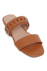 WOMEN'S BRAIDED STRAP SLIDES-CAMEL