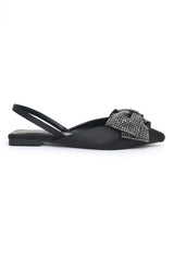 SATIN BOW SLING FLATS-BLACK