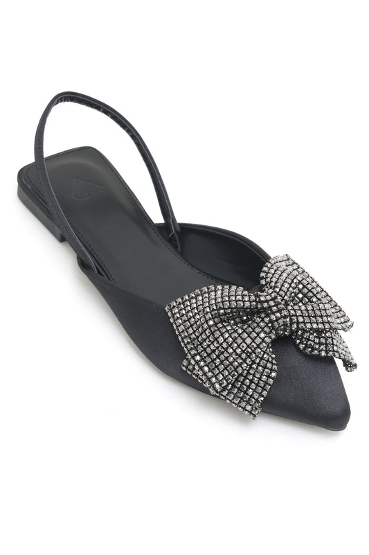 SATIN BOW SLING FLATS-BLACK