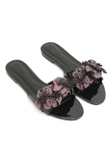 EMBELLISHED BLOOM SLIDES-BLACK