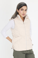 HOODED BREEZE SLEEVELESS PUFFER JACKET-BEIGE