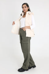 HOODED BREEZE SLEEVELESS PUFFER JACKET-BEIGE