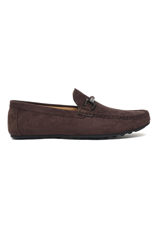 SUEDE LOAFERS WITH ROUNDED TOE AND METALLIC EMBELLISHMENT-COFFEE