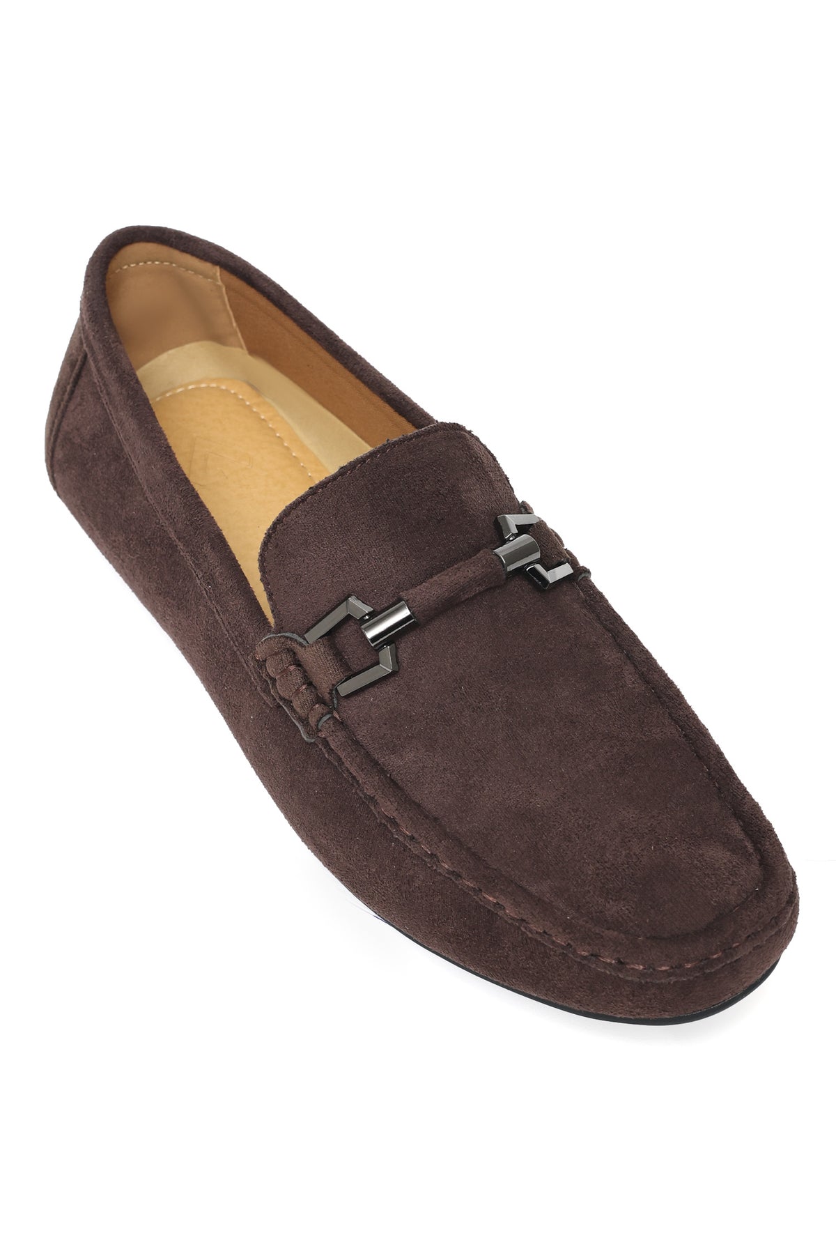 SUEDE LOAFERS WITH ROUNDED TOE AND METALLIC EMBELLISHMENT-COFFEE