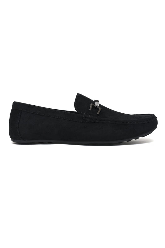 SUEDE LOAFERS WITH ROUNDED TOE AND METALLIC EMBELLISHMENT-BLACK