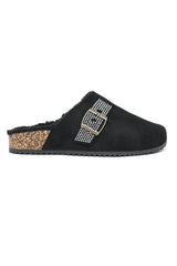 RHINESTONE BUCKLE FUR-LINED CLOGS-BLACK