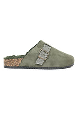 RHINESTONE BUCKLE FUR-LINED CLOGS-GREEN