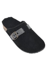 RHINESTONE BUCKLE FUR-LINED CLOGS-BLACK