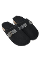 RHINESTONE BUCKLE FUR-LINED CLOGS-BLACK