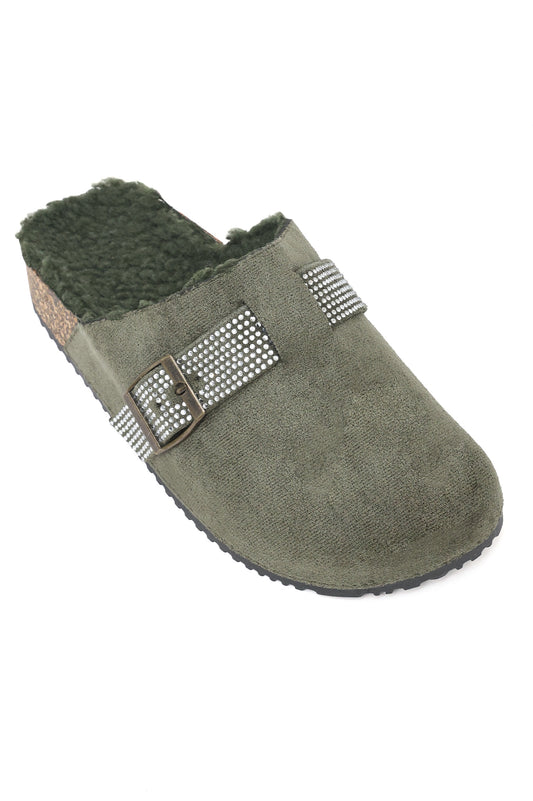 RHINESTONE BUCKLE FUR-LINED CLOGS-GREEN