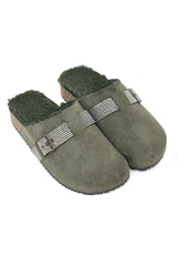 RHINESTONE BUCKLE FUR-LINED CLOGS-GREEN