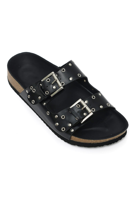 STUDDED DUAL BUCKLE SLIDES-BLACK