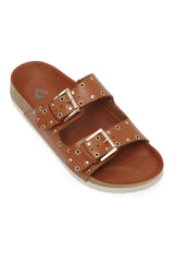 STUDDED DUAL BUCKLE SLIDES-CAMEL