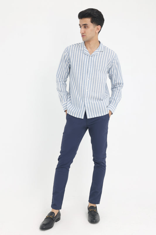 LINEN BLEND STRIPED SHIRT-BLUE-WHT