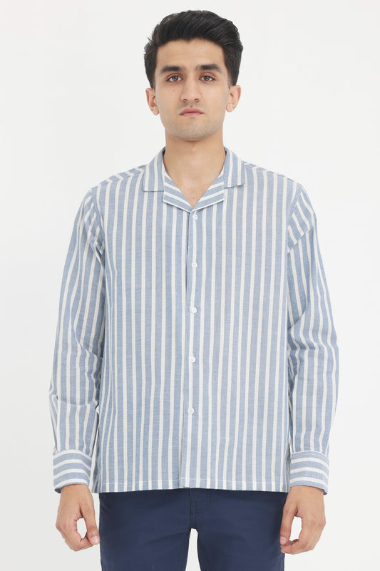 LINEN BLEND STRIPED SHIRT-BLUE-WHT