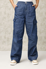 HIGH-WAIST RELAXED FIT CARGO DENIM PANTS-DK-BLUE