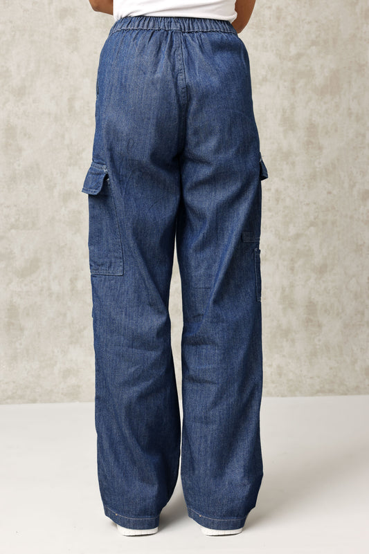 HIGH-WAIST RELAXED FIT CARGO DENIM PANTS-DK-BLUE