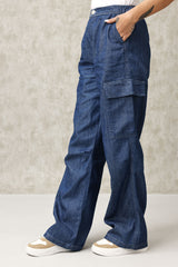 HIGH-WAIST RELAXED FIT CARGO DENIM PANTS-DK-BLUE